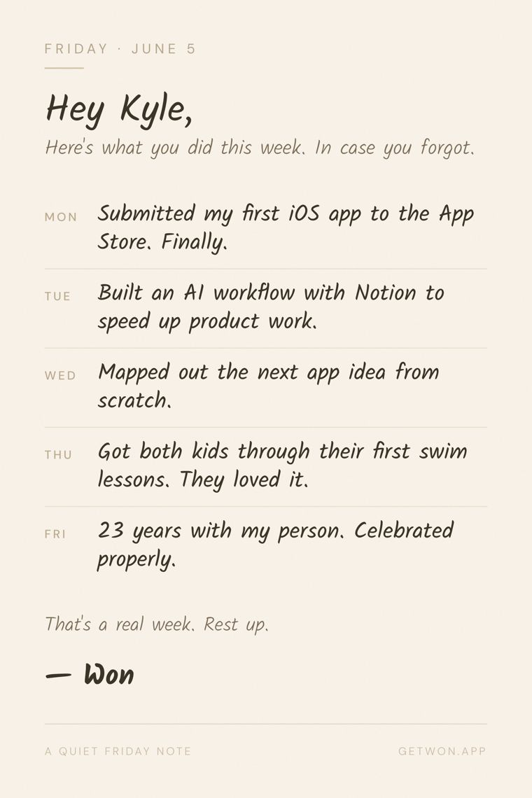 A hand-written Friday letter of the week's wins.